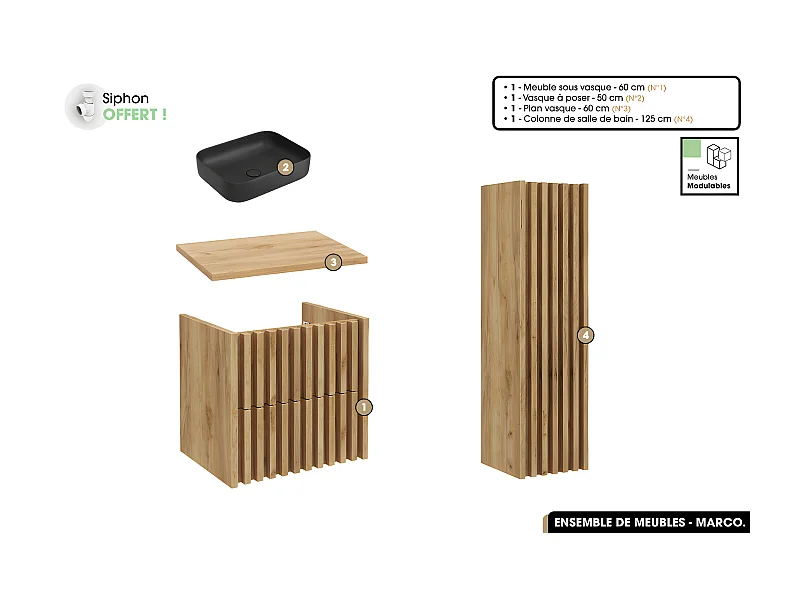 Ensemble complet de salle de bain - Meuble - Colonne - Vasque à poser avec Siphon OFFERT | MARCO | Oak | 60 x 56 x 45 cm