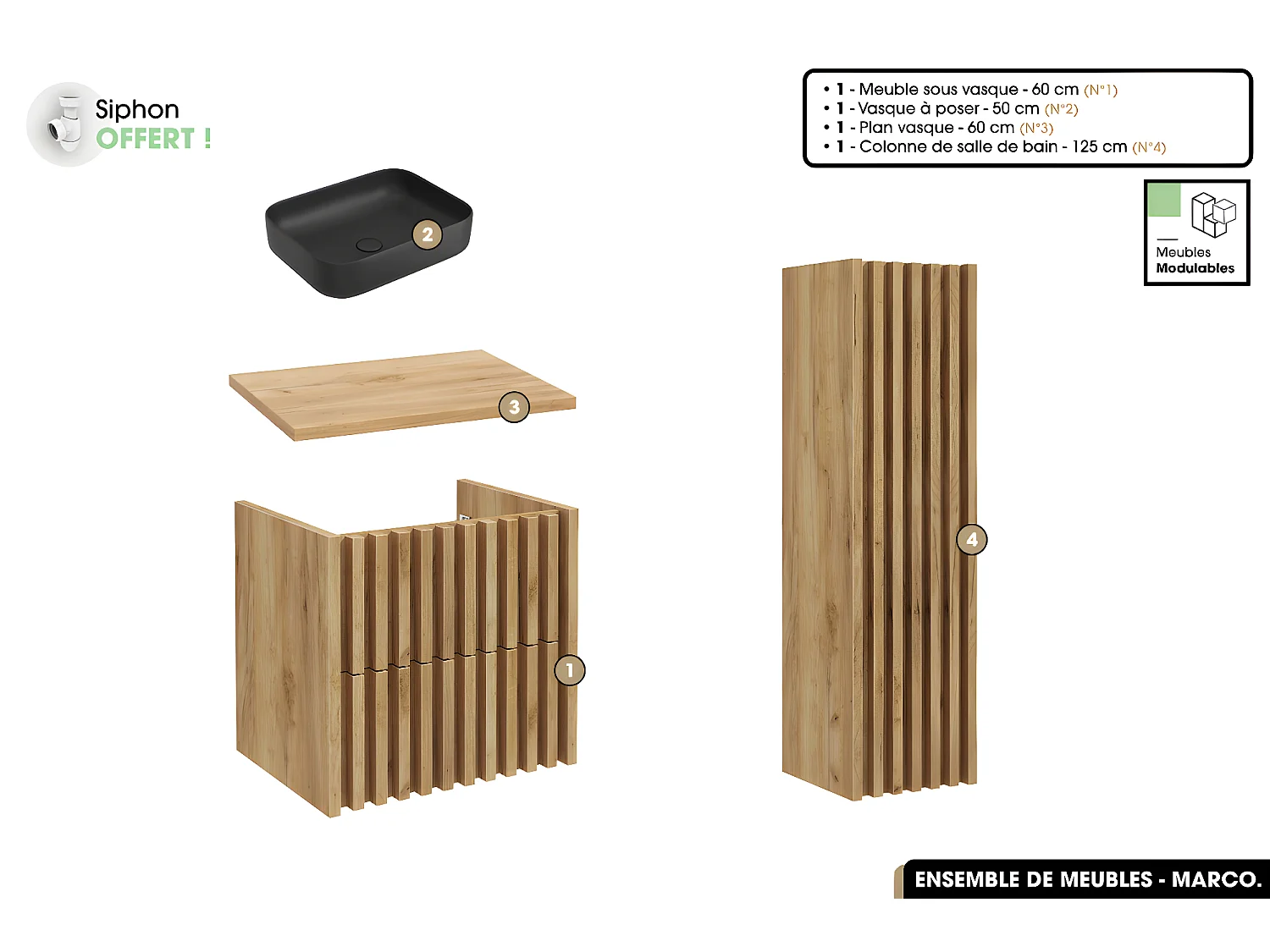 Ensemble complet de salle de bain - Meuble - Colonne - Vasque à poser avec Siphon OFFERT | MARCO | Oak | 60 x 56 x 45 cm