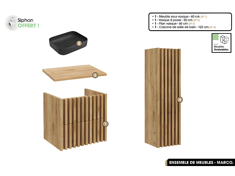 Ensemble complet de salle de bain - Meuble - Colonne - Vasque à poser avec Siphon OFFERT | MARCO | Oak | 60 x 56 x 45 cm