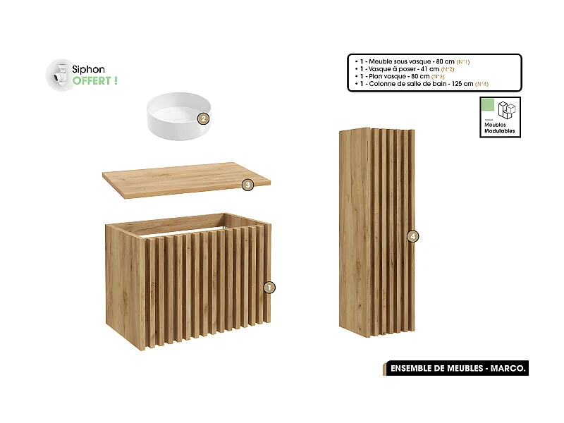 Ensemble complet de salle de bain - Meuble - Colonne - Vasque à poser avec Siphon OFFERT | MARCO | Oak | 80 x 56 x 45 cm
