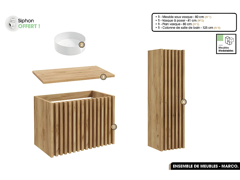 Ensemble complet de salle de bain - Meuble - Colonne - Vasque à poser avec Siphon OFFERT | MARCO | Oak | 80 x 56 x 45 cm