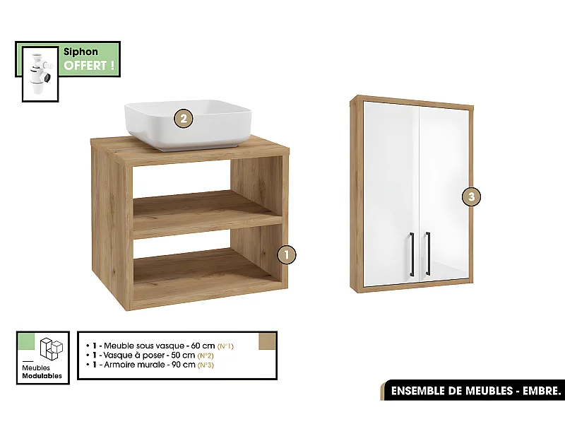 Ensemble complet - de salle de bain - Meuble - Armoire - Vasque avec Siphon OFFERT | EMBRE | OAK | 100 x 50 x 45 cm