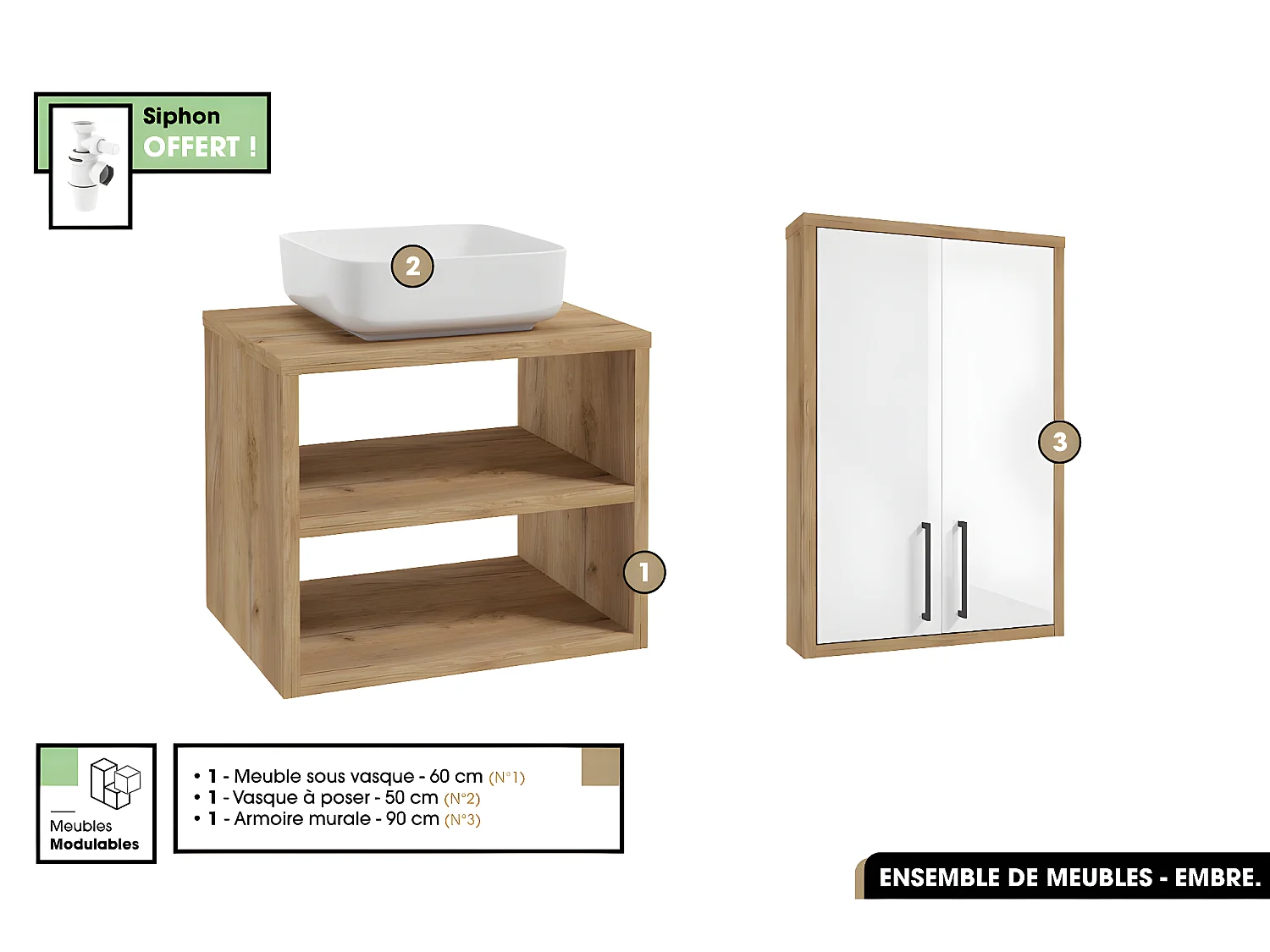 Ensemble complet - de salle de bain - Meuble - Armoire - Vasque avec Siphon OFFERT | EMBRE | OAK | 100 x 50 x 45 cm