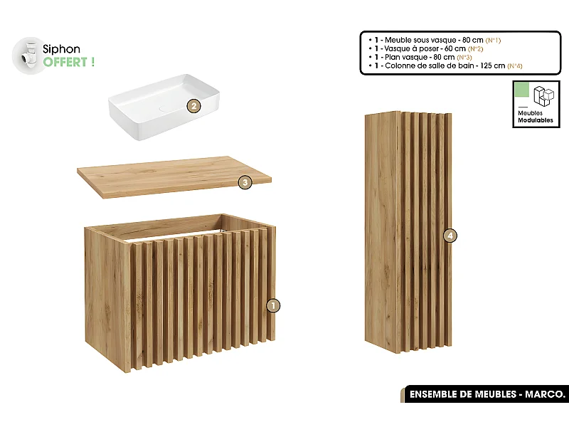 Ensemble complet de salle de bain - Meuble - Colonne - Vasque à poser avec Siphon OFFERT | MARCO | Oak | 80 x 56 x 45 cm