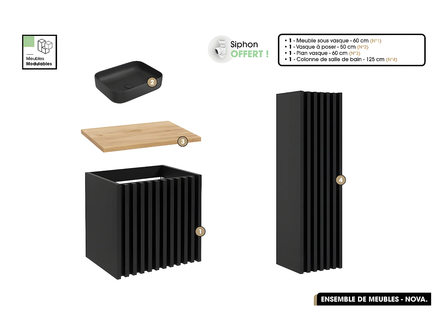 Ensemble complet de salle de bain - Meuble - Colonne - Vasque à poser avec Siphon OFFERT | NOVA | Oak | 60 x 56 x 45 cm
