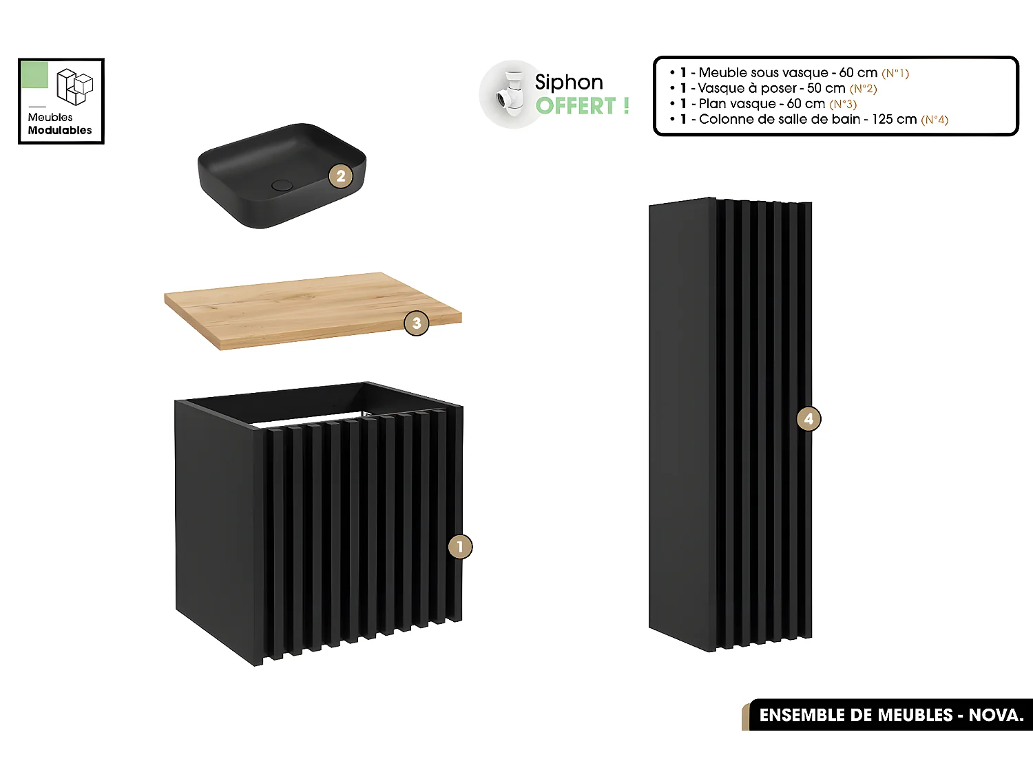 Ensemble complet de salle de bain - Meuble - Colonne - Vasque à poser avec Siphon OFFERT | NOVA | Oak | 60 x 56 x 45 cm