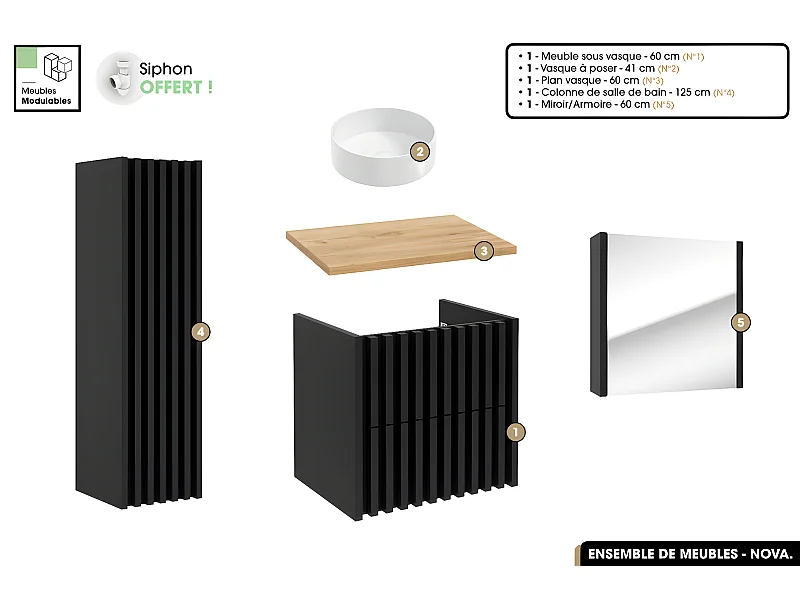 Ensemble complet de salle de bain - Meuble - Colonne - Miroir - Vasque à poser avec Siphon OFFERT | NOVA | Oak | 60 x 56 x 45 cm