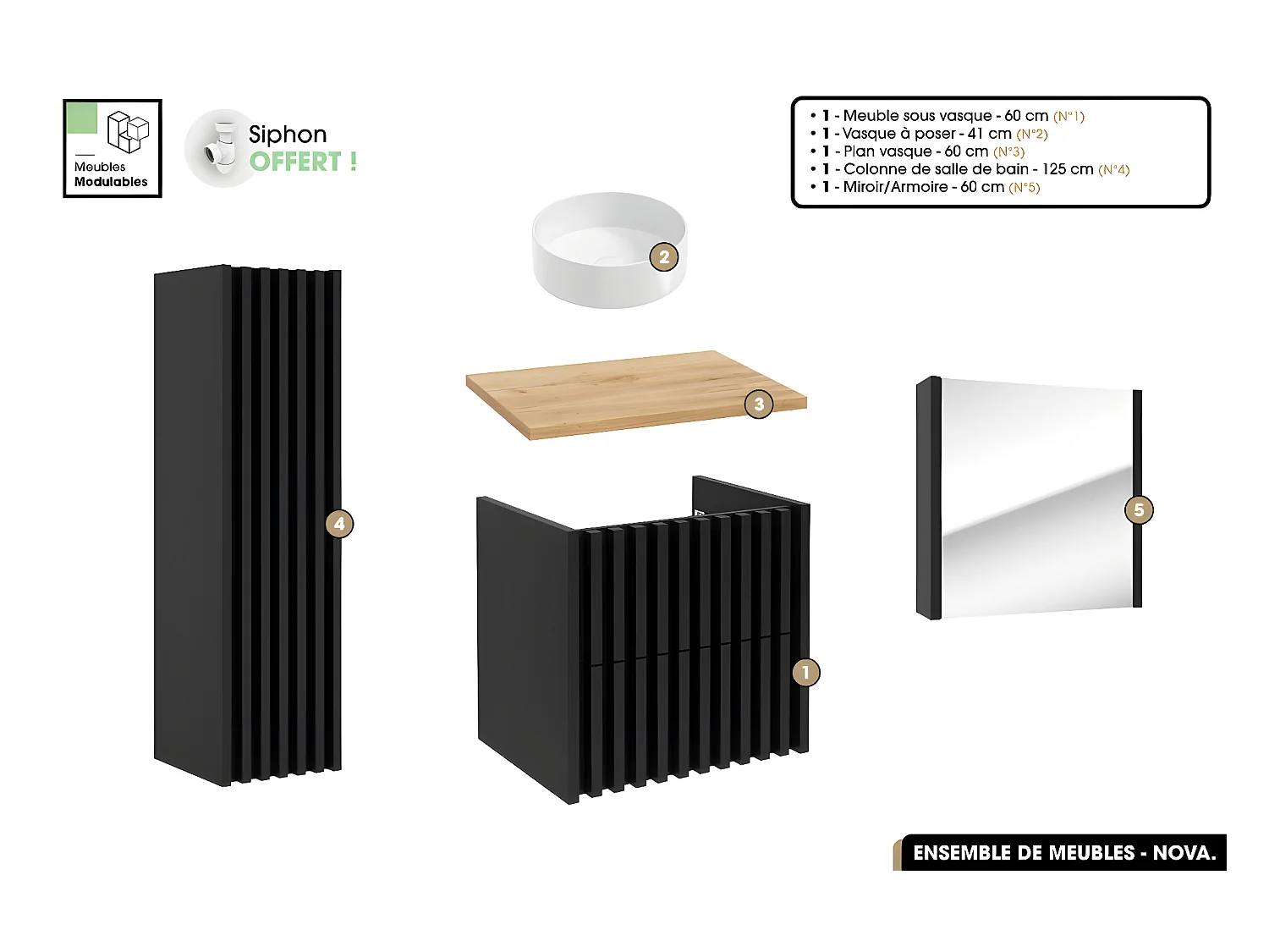 Ensemble complet de salle de bain - Meuble - Colonne - Miroir - Vasque à poser avec Siphon OFFERT | NOVA | Oak | 60 x 56 x 45 cm
