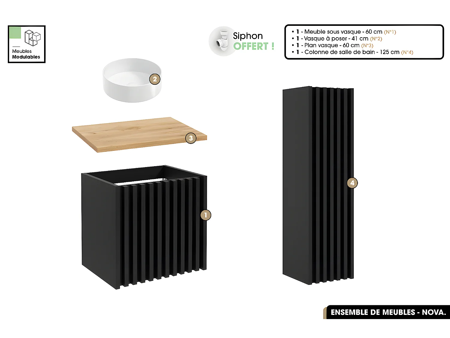 Ensemble complet de salle de bain - Meuble - Colonne - Vasque à poser avec Siphon OFFERT | NOVA | Oak | 60 x 56 x 45 cm