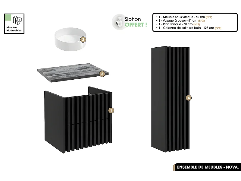 Ensemble complet de salle de bain - Meuble - Colonne - Vasque à poser avec Siphon OFFERT | NOVA | Noir | 60 x 56 x 45 cm