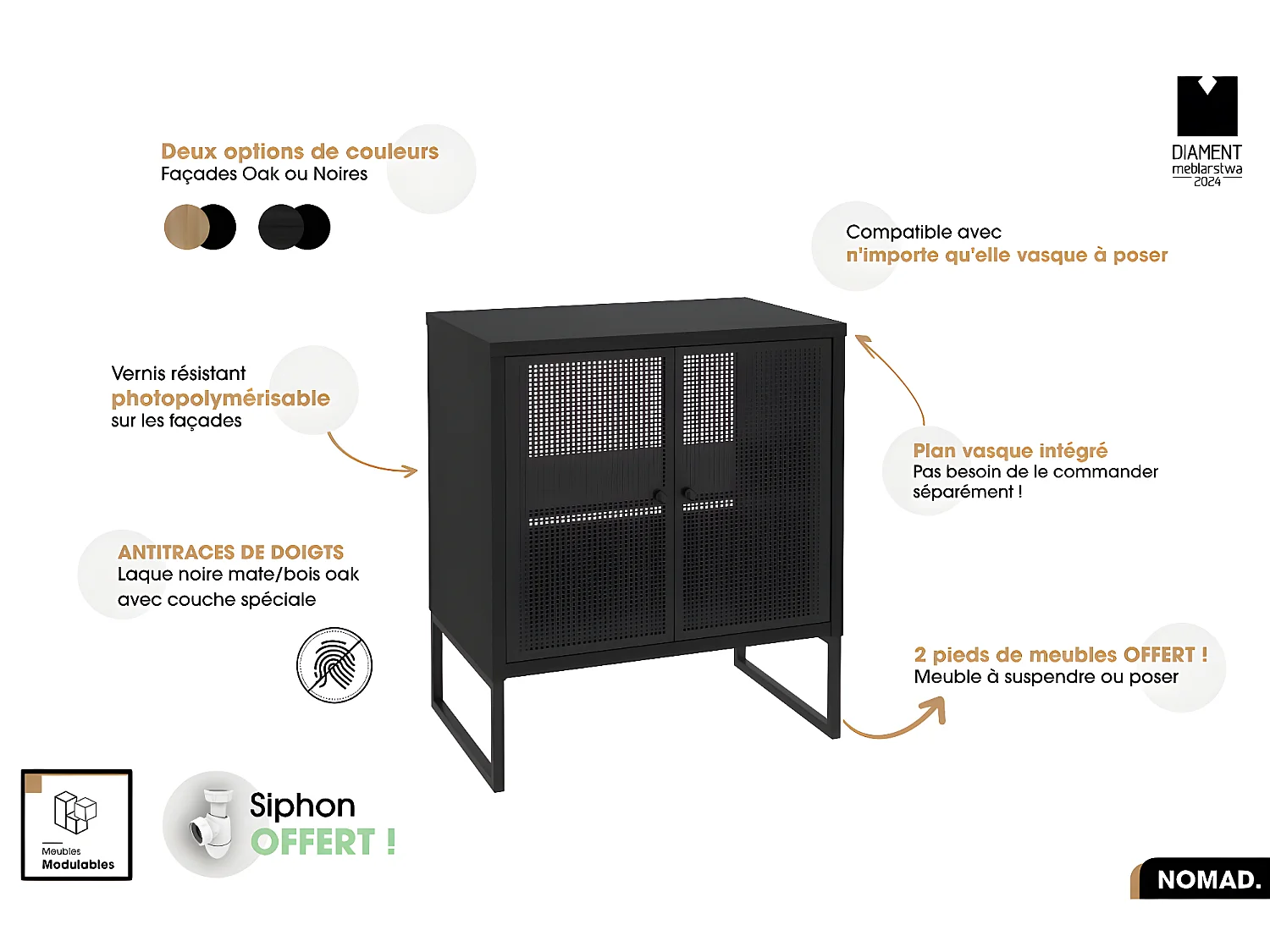 Ensemble complet de salle de bain - Meuble - Colonne - Miroir - Vasque avec Siphon OFFERT | NOMAD | NOIR | 70 x 80 x 43 cm