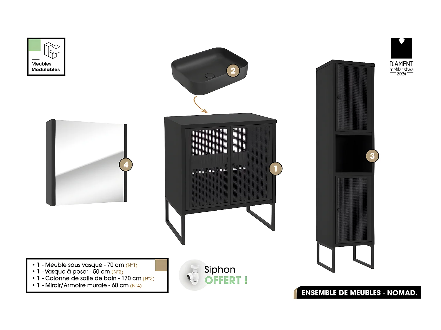 Ensemble complet de salle de bain - Meuble - Colonne - Miroir - Vasque avec Siphon OFFERT | NOMAD | NOIR | 70 x 80 x 43 cm