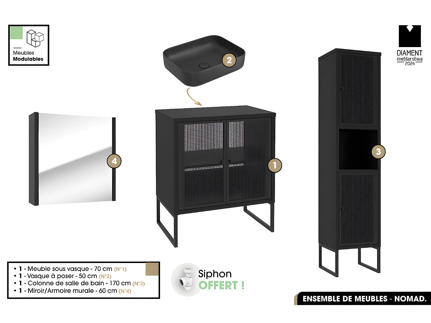 Ensemble complet de salle de bain - Meuble - Colonne - Miroir - Vasque avec Siphon OFFERT | NOMAD | NOIR | 70 x 80 x 43 cm