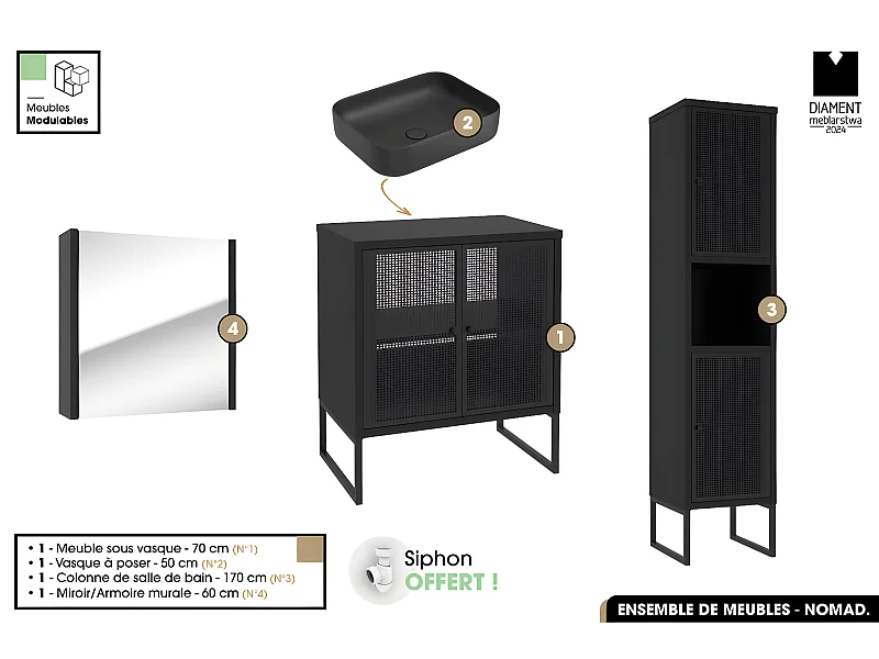 Ensemble complet de salle de bain - Meuble - Colonne - Miroir - Vasque avec Siphon OFFERT | NOMAD | NOIR | 70 x 80 x 43 cm