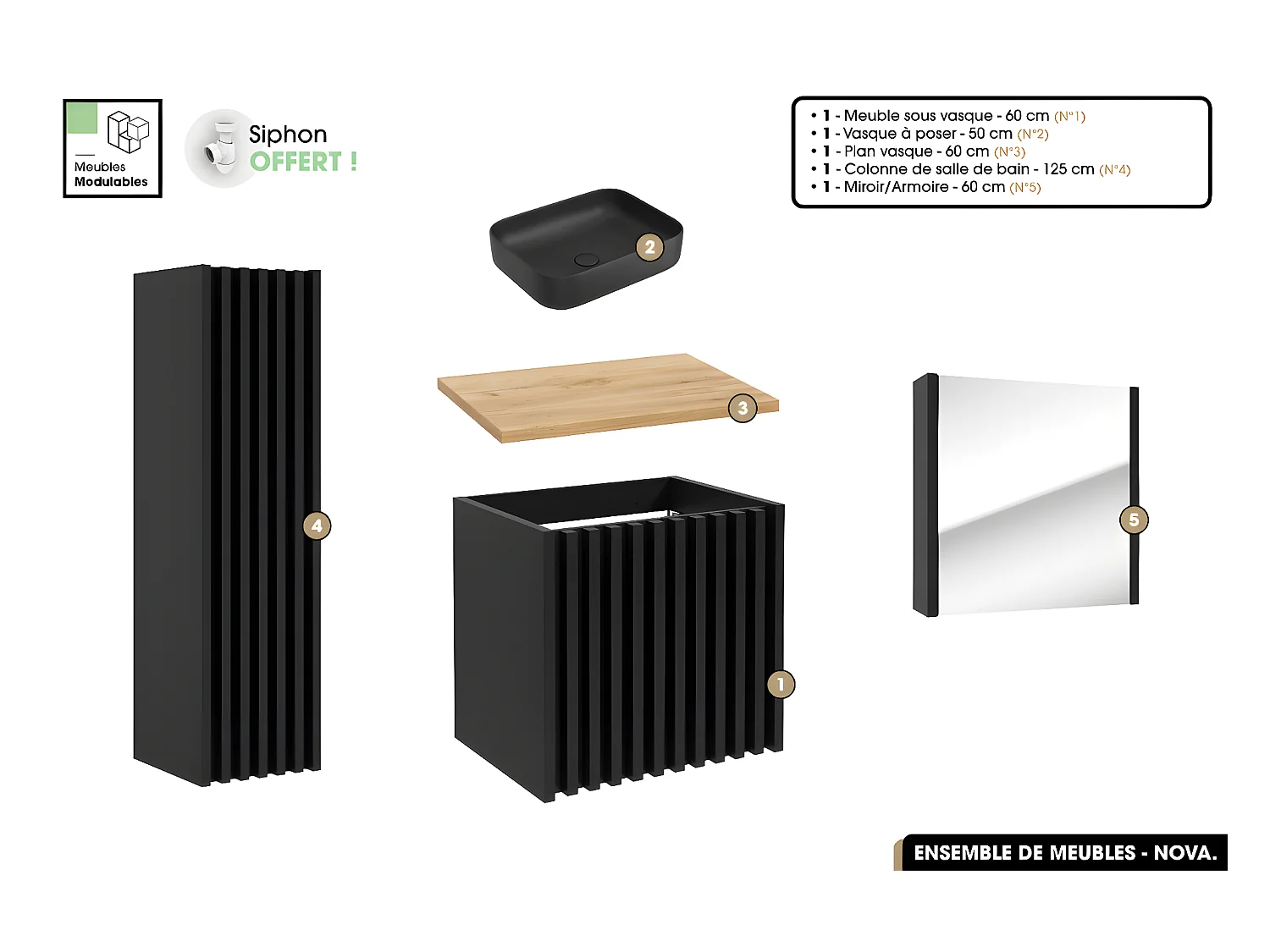 Ensemble complet de salle de bain - Meuble - Colonne - Miroir - Vasque à poser avec Siphon OFFERT | NOVA | Oak | 60 x 56 x 45 cm