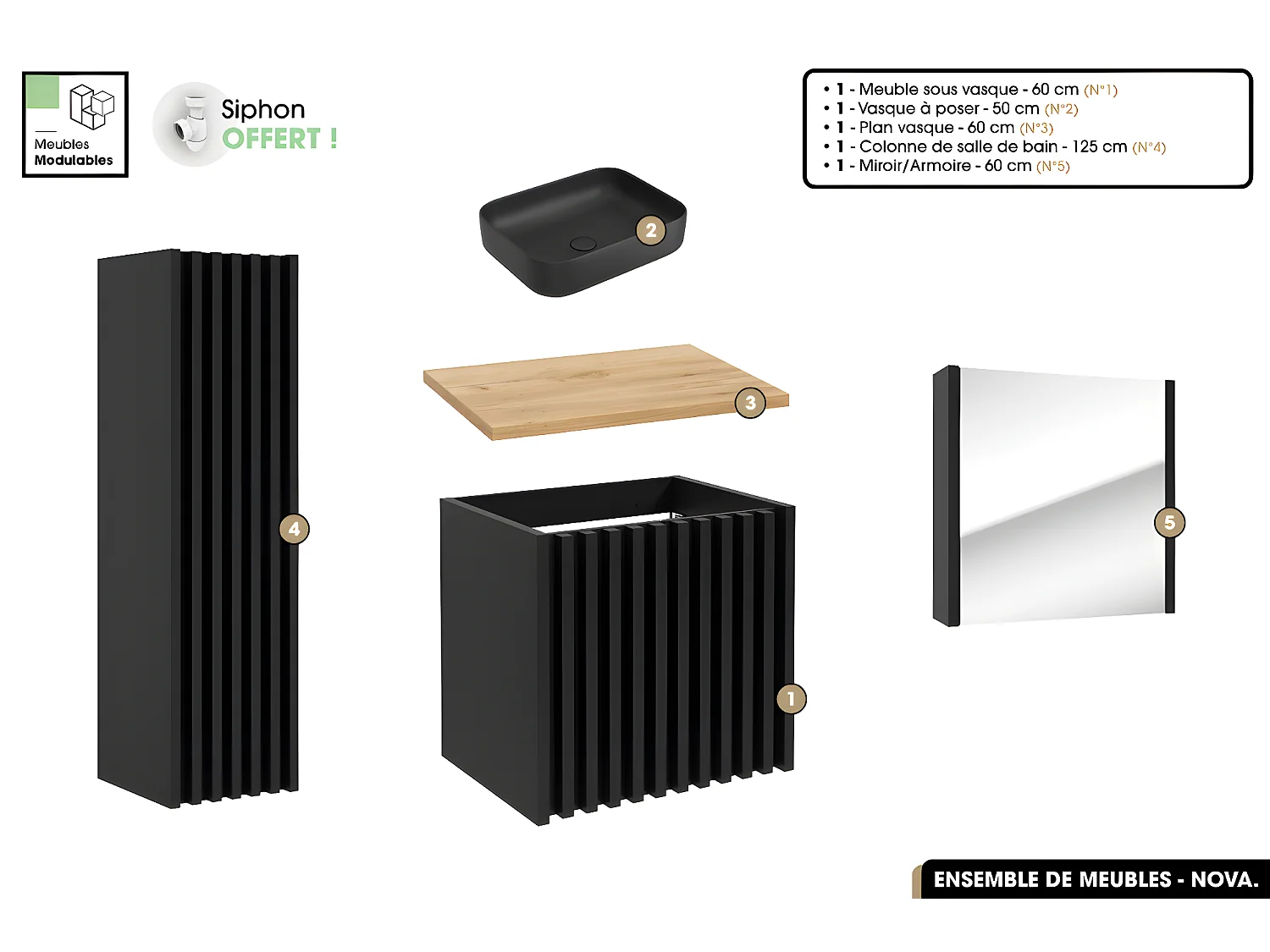 Ensemble complet de salle de bain - Meuble - Colonne - Miroir - Vasque à poser avec Siphon OFFERT | NOVA | Oak | 60 x 56 x 45 cm