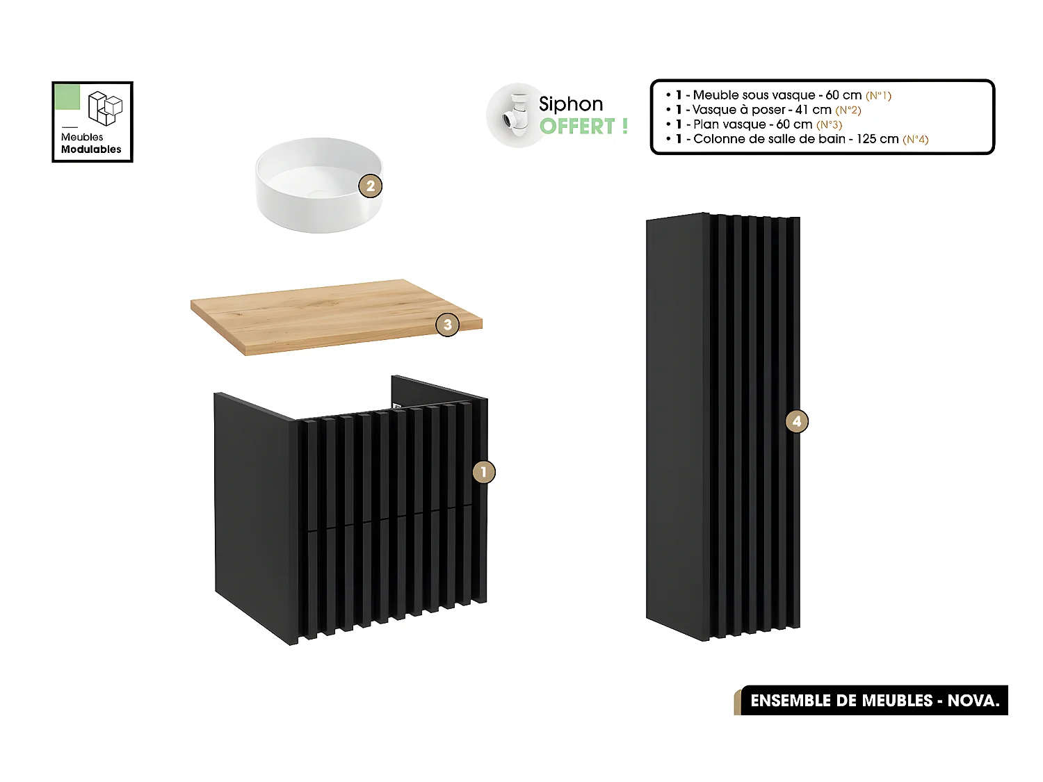 Ensemble complet de salle de bain - Meuble - Colonne - Vasque à poser avec Siphon OFFERT | NOVA | Oak | 60 x 56 x 45 cm