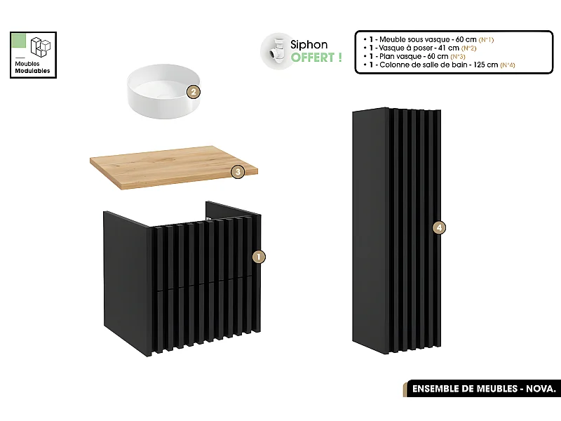 Ensemble complet de salle de bain - Meuble - Colonne - Vasque à poser avec Siphon OFFERT | NOVA | Oak | 60 x 56 x 45 cm
