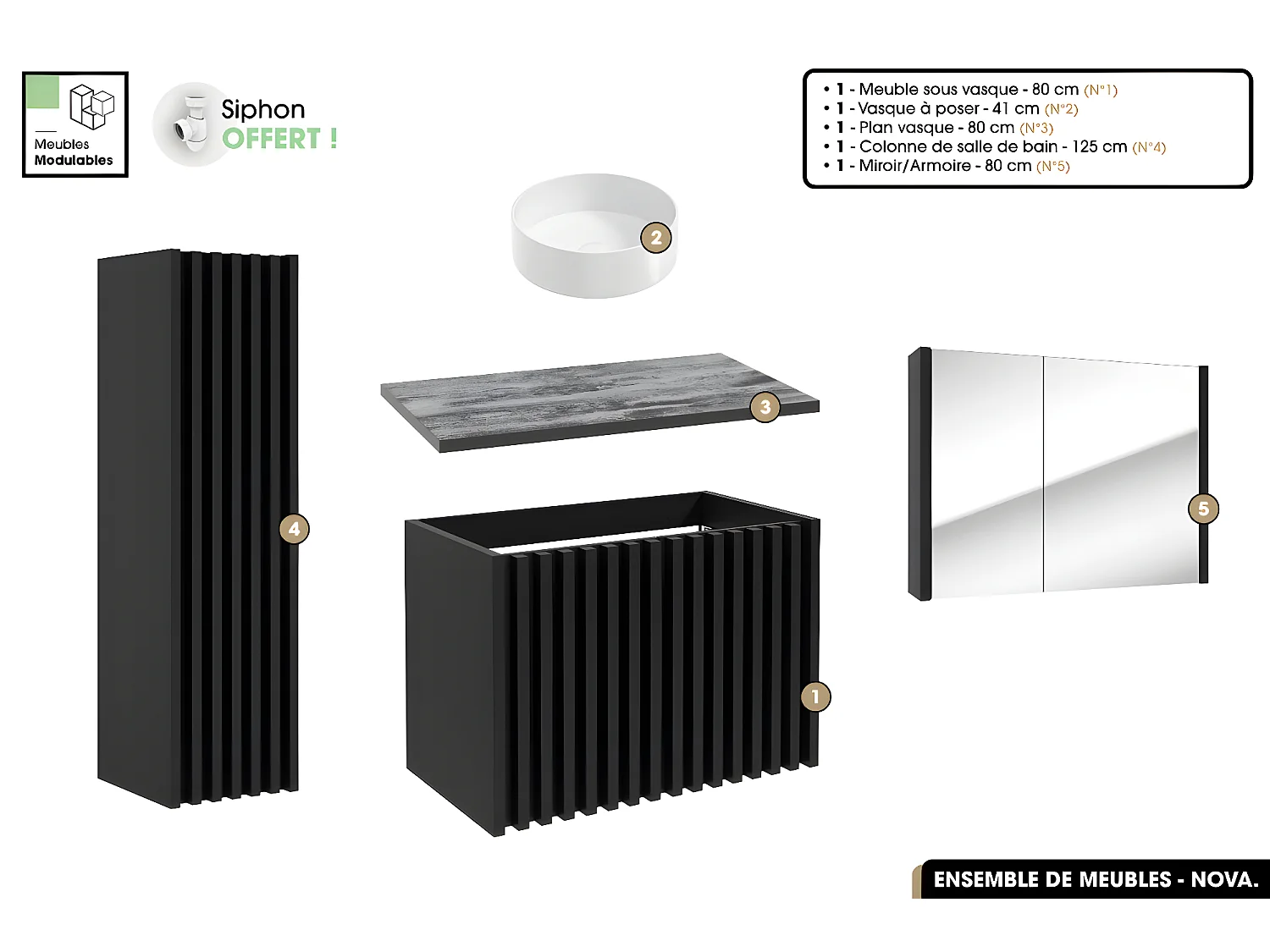 Ensemble complet de salle de bain - Meuble - Colonne - Miroir - Vasque à poser avec Siphon OFFERT | NOVA | Noir | 80 x 56 x 45 cm