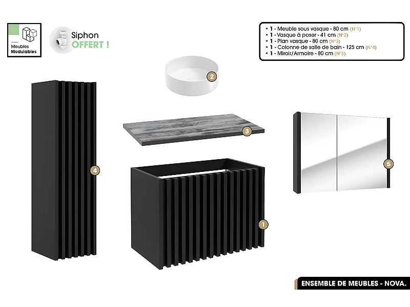 Ensemble complet de salle de bain - Meuble - Colonne - Miroir - Vasque à poser avec Siphon OFFERT | NOVA | Noir | 80 x 56 x 45 cm