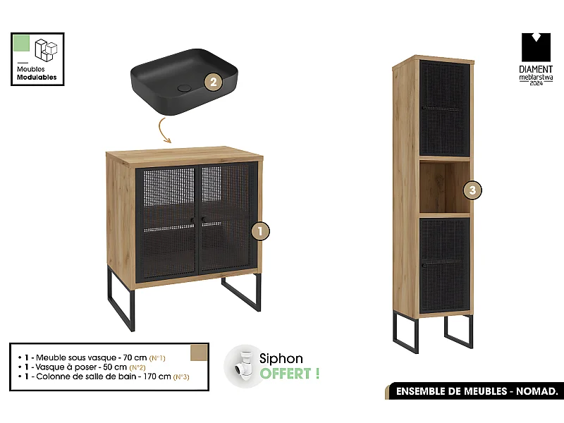 Ensemble complet de salle de bain - Meuble - Colonne - Vasque avec Siphon OFFERT | NOMAD | OAK | 70 x 80 x 43 cm