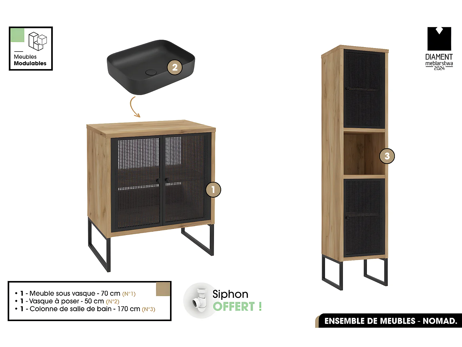 Ensemble complet de salle de bain - Meuble - Colonne - Vasque avec Siphon OFFERT | NOMAD | OAK | 70 x 80 x 43 cm