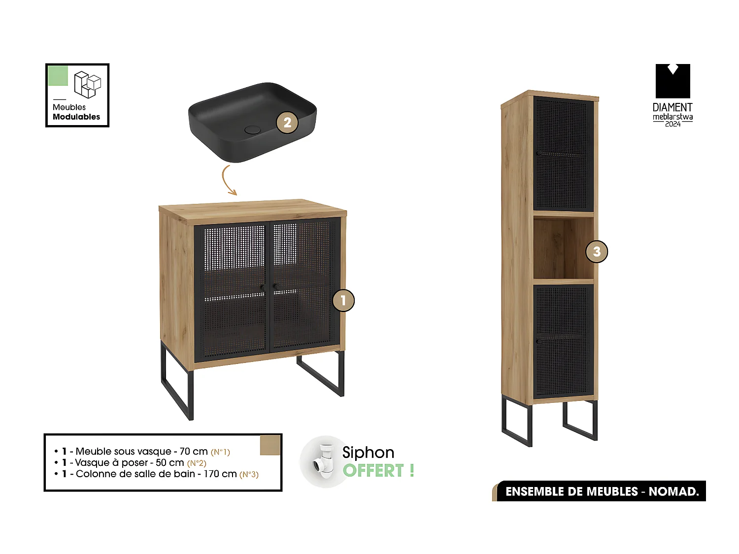 Ensemble complet de salle de bain - Meuble - Colonne - Vasque avec Siphon OFFERT | NOMAD | OAK | 70 x 80 x 43 cm