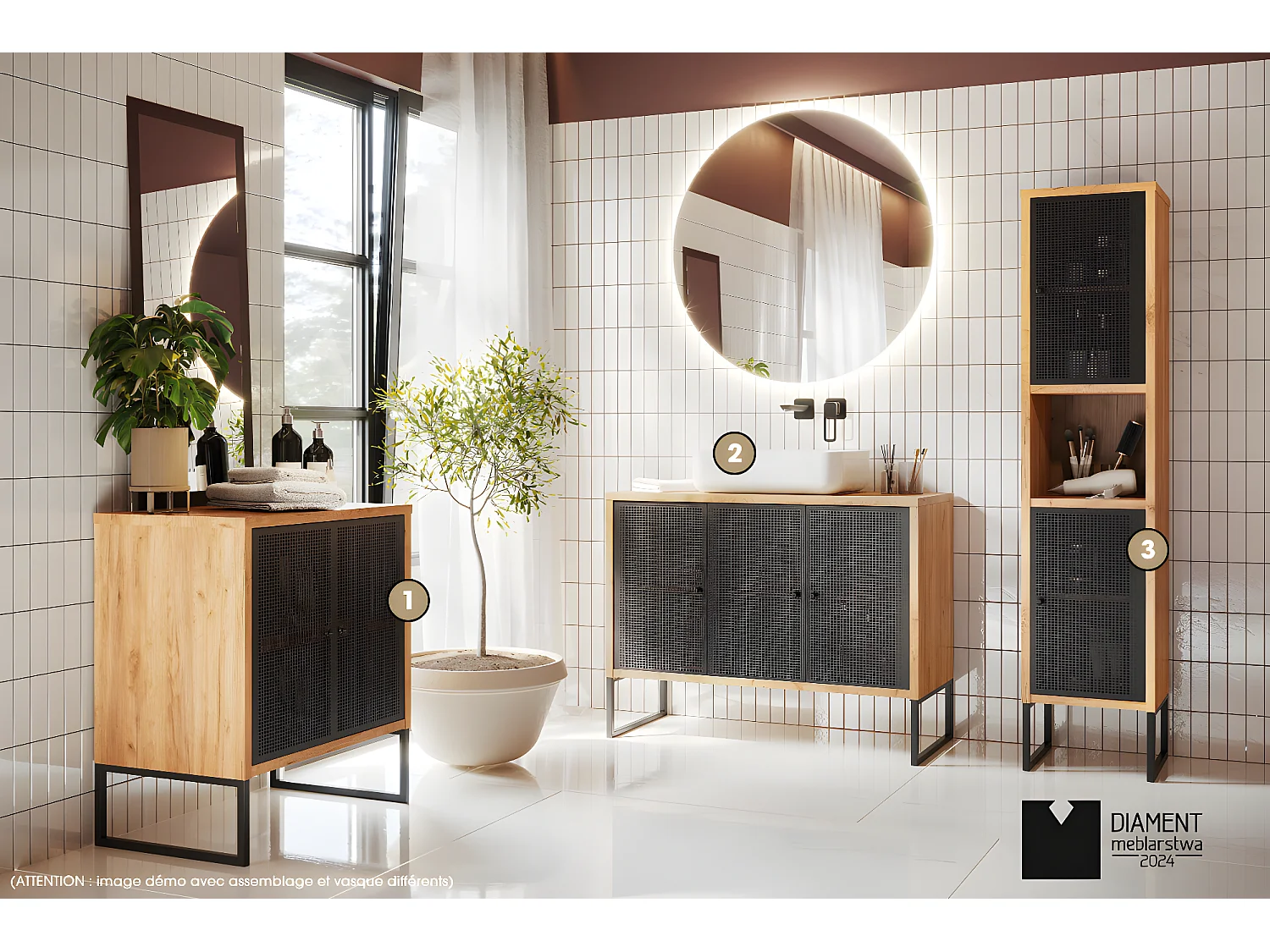 Ensemble complet de salle de bain - Meuble - Colonne - Vasque avec Siphon OFFERT | NOMAD | OAK | 70 x 80 x 43 cm