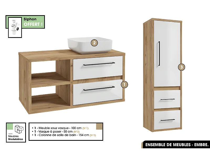 Ensemble complet - de salle de bain - Meuble - Colonne - Vasque avec Siphon OFFERT | EMBRE | Blanc | 100 x 50 x 45 cm