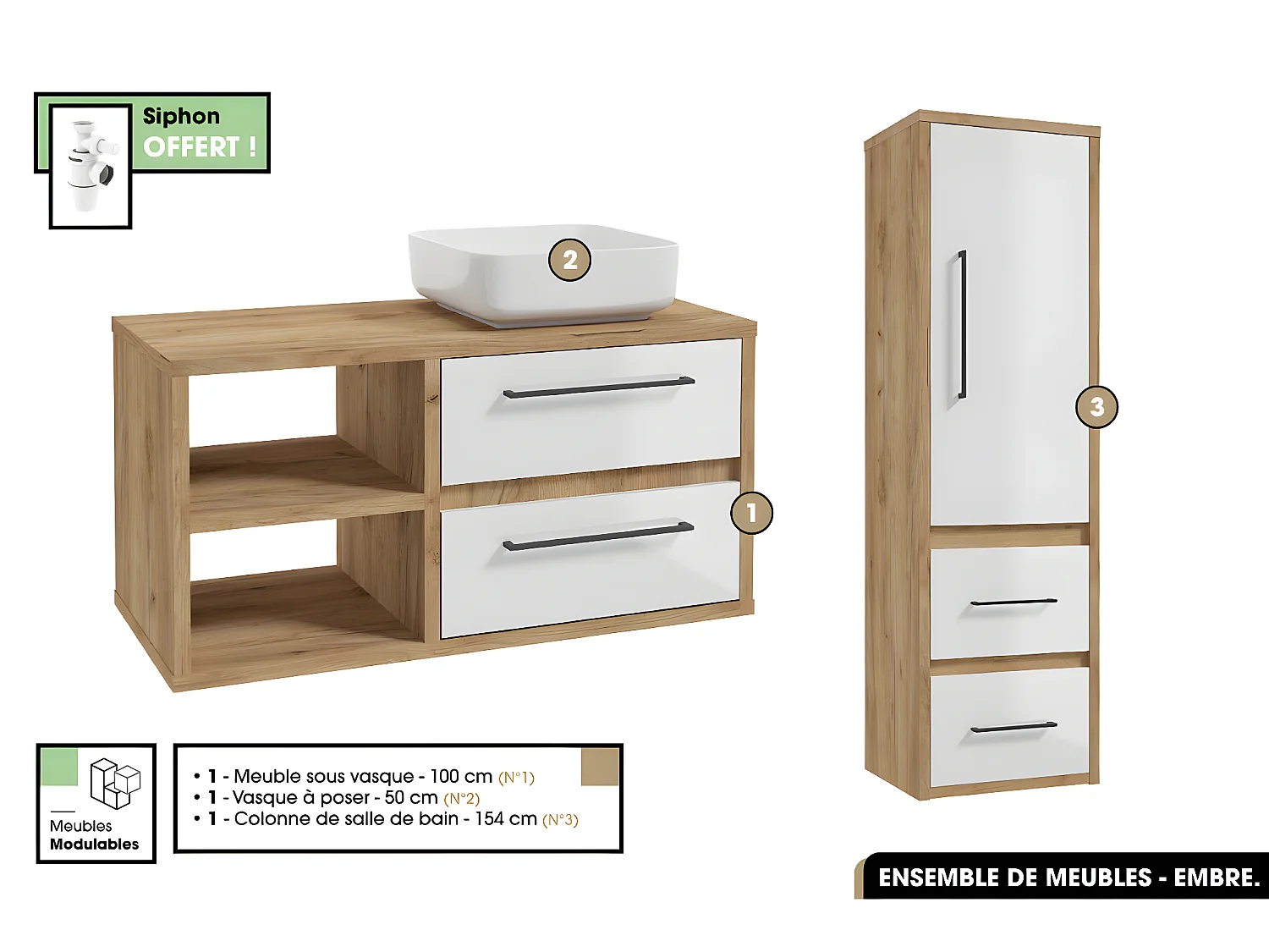 Ensemble complet - de salle de bain - Meuble - Colonne - Vasque avec Siphon OFFERT | EMBRE | Blanc | 100 x 50 x 45 cm