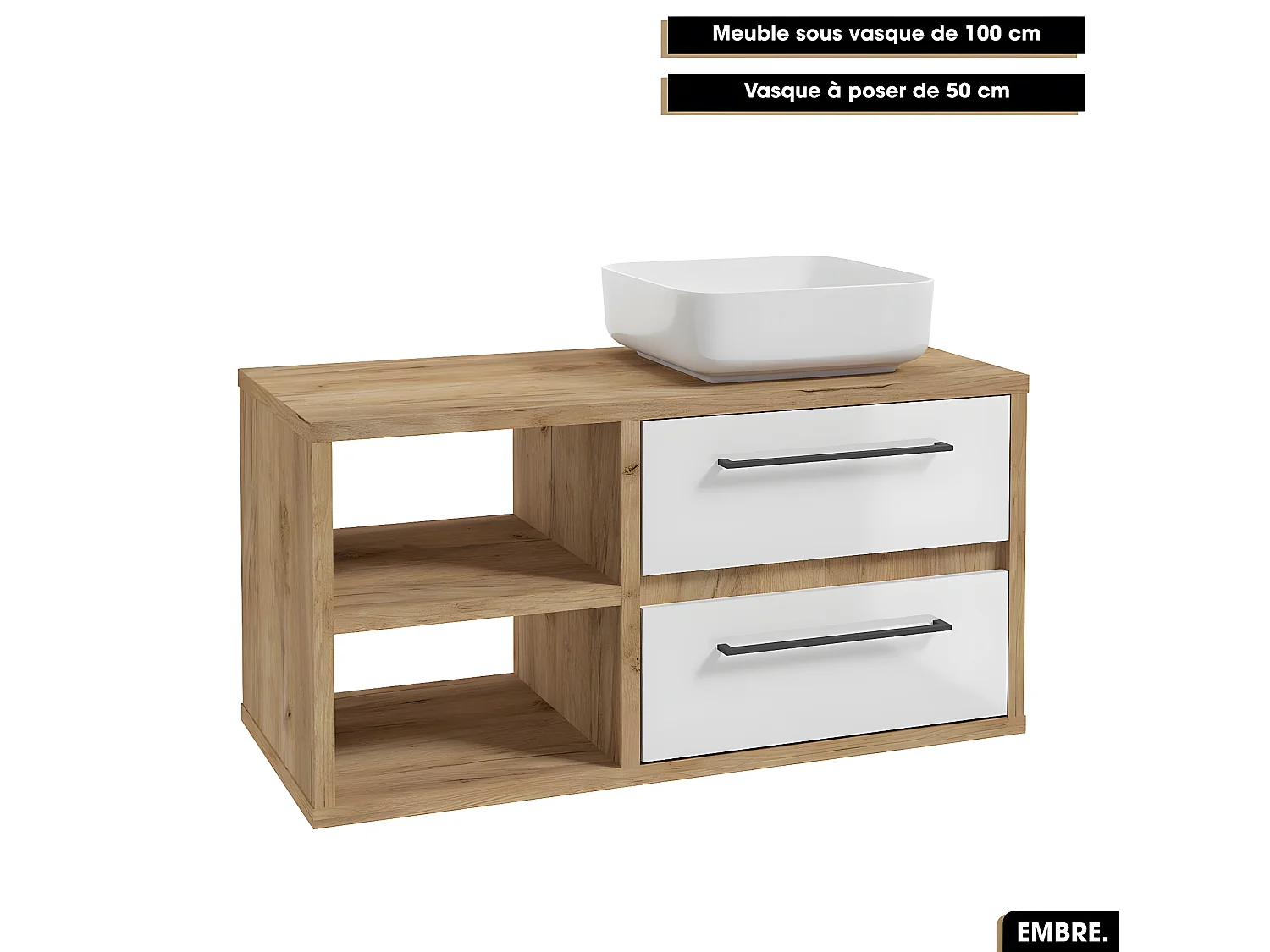 Ensemble complet - de salle de bain - Meuble - Colonne - Vasque avec Siphon OFFERT | EMBRE | Blanc | 100 x 50 x 45 cm