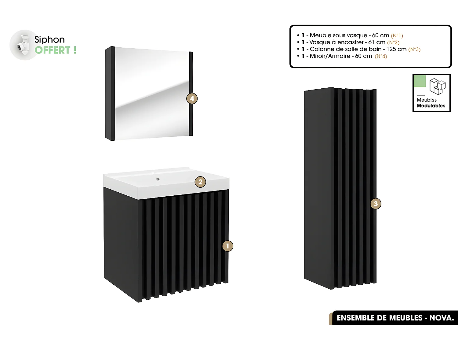 Ensemble complet de salle de bain - Meuble - Colonne - Miroir - Vasque à encastrer avec Siphon OFFERT | NOVA | Noir | 60 x 56 x 45 cm