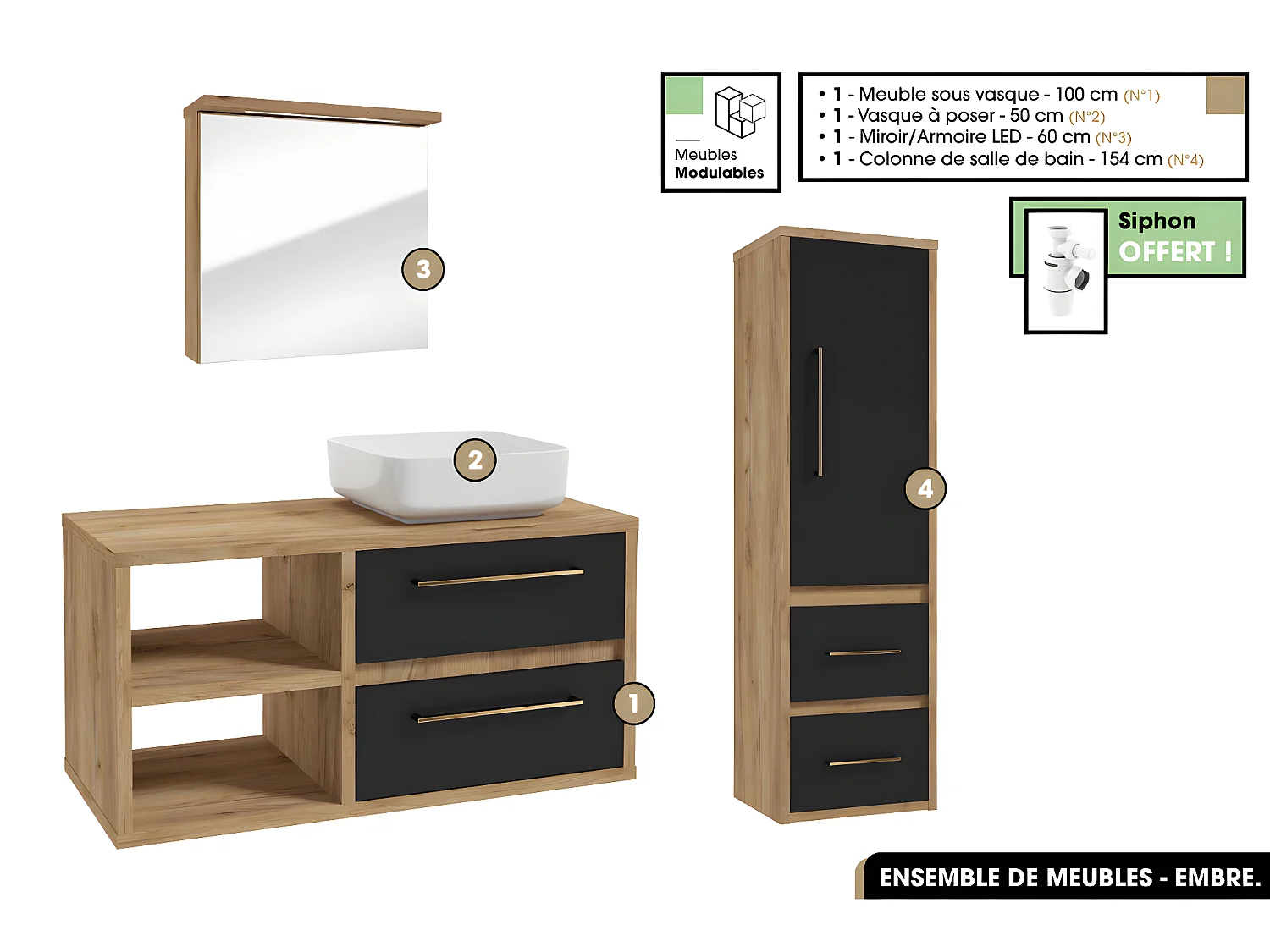 Ensemble complet - de salle de bain - Meuble - Miroir/Armoire - Colonne - Vasque avec Siphon OFFERT | EMBRE | Noir | 100 x 50 x 45 cm
