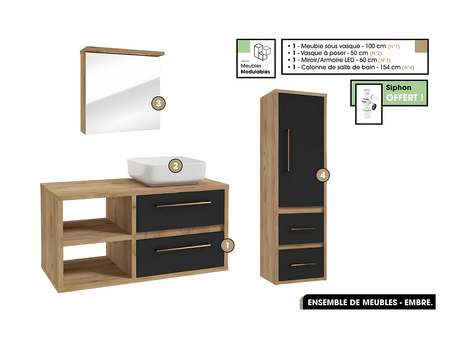 Ensemble complet - de salle de bain - Meuble - Miroir/Armoire - Colonne - Vasque avec Siphon OFFERT | EMBRE | Noir | 100 x 50 x 45 cm