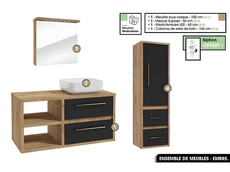 Ensemble complet - de salle de bain - Meuble - Miroir/Armoire - Colonne - Vasque avec Siphon OFFERT | EMBRE | Noir | 100 x 50 x 45 cm