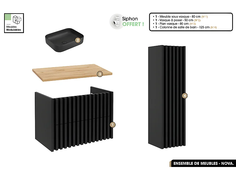 Ensemble complet de salle de bain - Meuble - Colonne - Vasque à poser avec Siphon OFFERT | NOVA | Oak | 80 x 56 x 45 cm