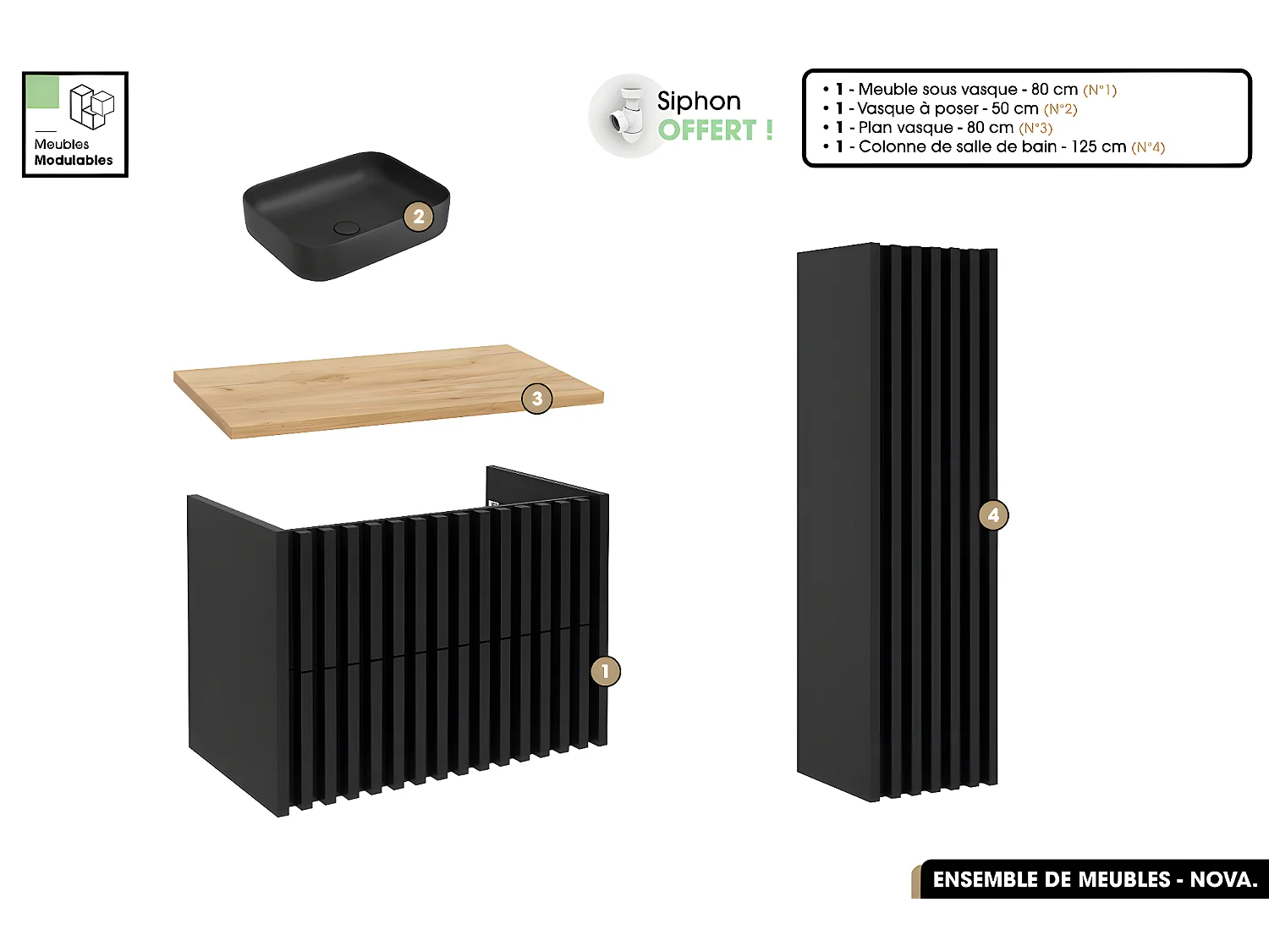 Ensemble complet de salle de bain - Meuble - Colonne - Vasque à poser avec Siphon OFFERT | NOVA | Oak | 80 x 56 x 45 cm
