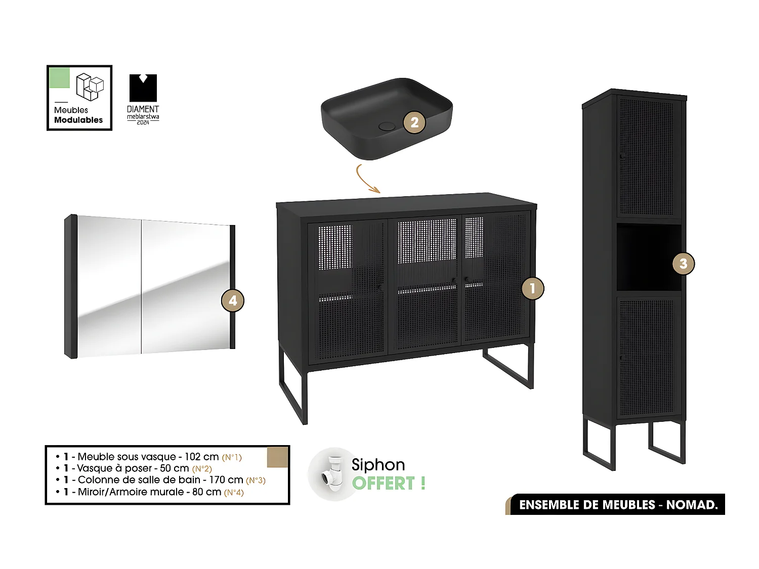 Ensemble complet de salle de bain - Meuble - Colonne - Miroir - Vasque avec Siphon OFFERT | NOMAD | NOIR | 102 x 80 x 43 cm