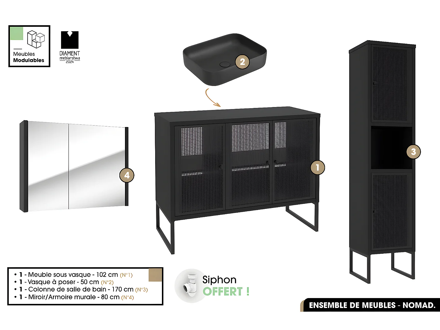 Ensemble complet de salle de bain - Meuble - Colonne - Miroir - Vasque avec Siphon OFFERT | NOMAD | NOIR | 102 x 80 x 43 cm