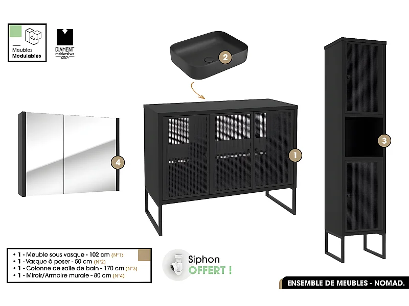 Ensemble complet de salle de bain - Meuble - Colonne - Miroir - Vasque avec Siphon OFFERT | NOMAD | NOIR | 102 x 80 x 43 cm