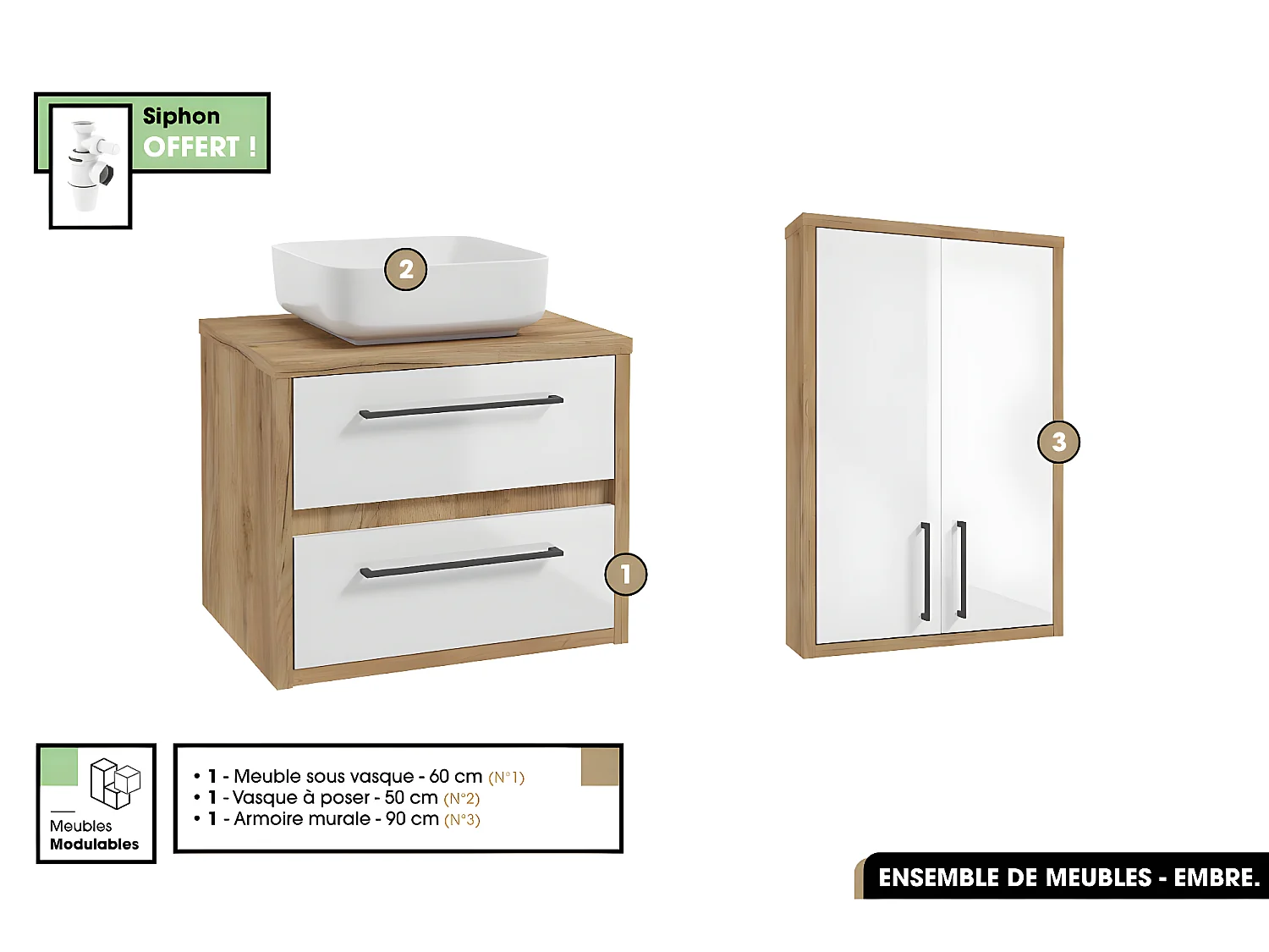 Ensemble complet - de salle de bain - Meuble - Armoire - Vasque avec Siphon OFFERT | EMBRE | Blanc | 60 x 50 x 45 cm