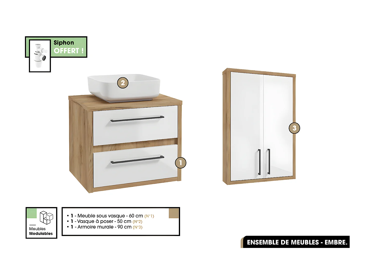 Ensemble complet - de salle de bain - Meuble - Armoire - Vasque avec Siphon OFFERT | EMBRE | Blanc | 60 x 50 x 45 cm