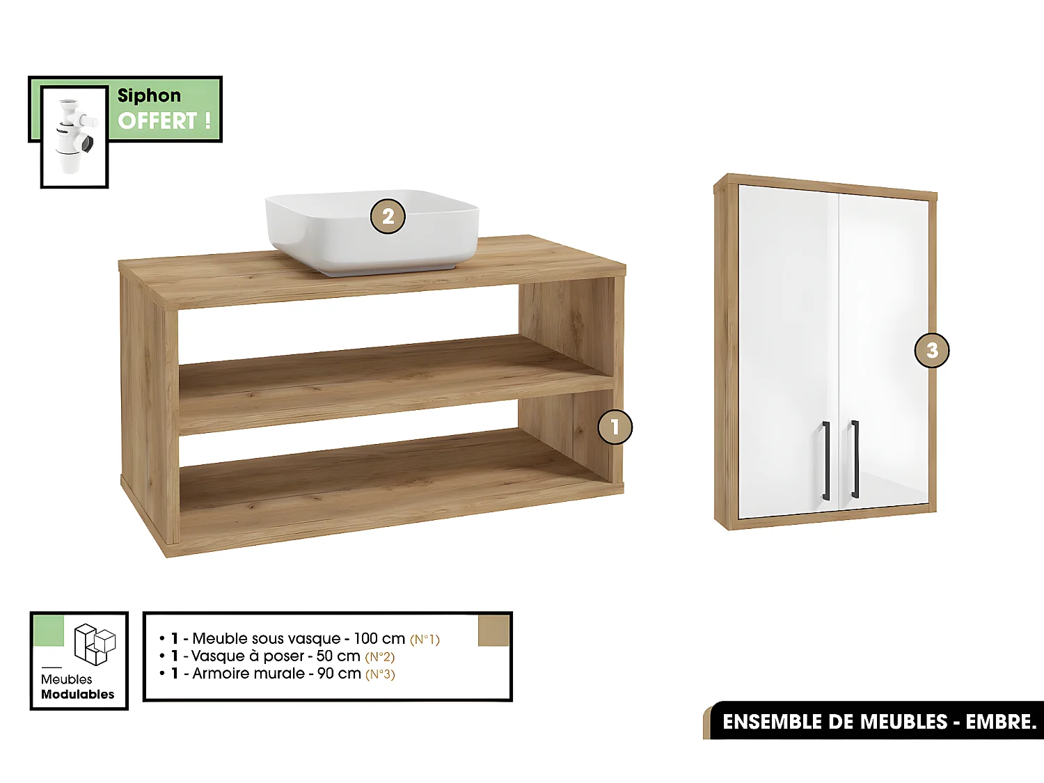 Ensemble complet - de salle de bain - Meuble - Armoire - Vasque avec Siphon OFFERT | EMBRE | OAK | 80 x 50 x 45 cm