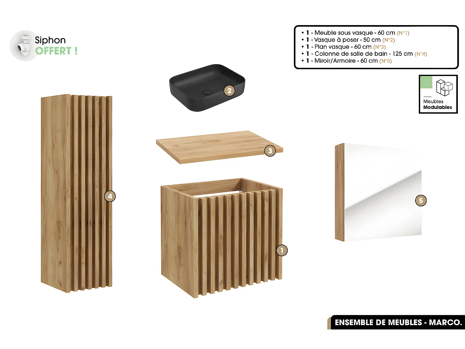 Ensemble complet de salle de bain - Meuble - Colonne - Miroir - Vasque à poser avec Siphon OFFERT | MARCO | Oak | 60 x 56 x 45 cm