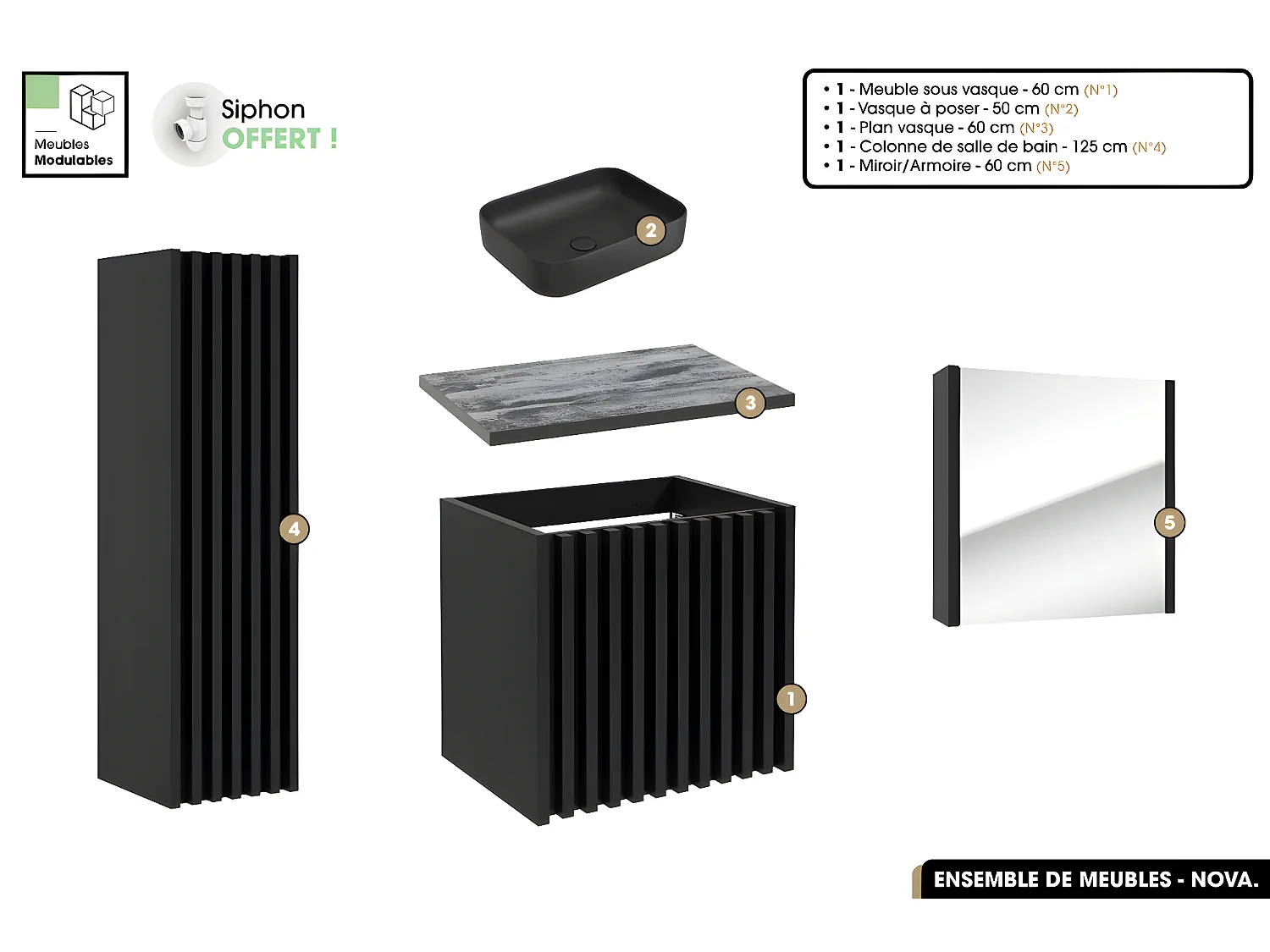 Ensemble complet de salle de bain - Meuble - Colonne - Miroir - Vasque à poser avec Siphon OFFERT | NOVA | Noir | 60 x 56 x 45 cm