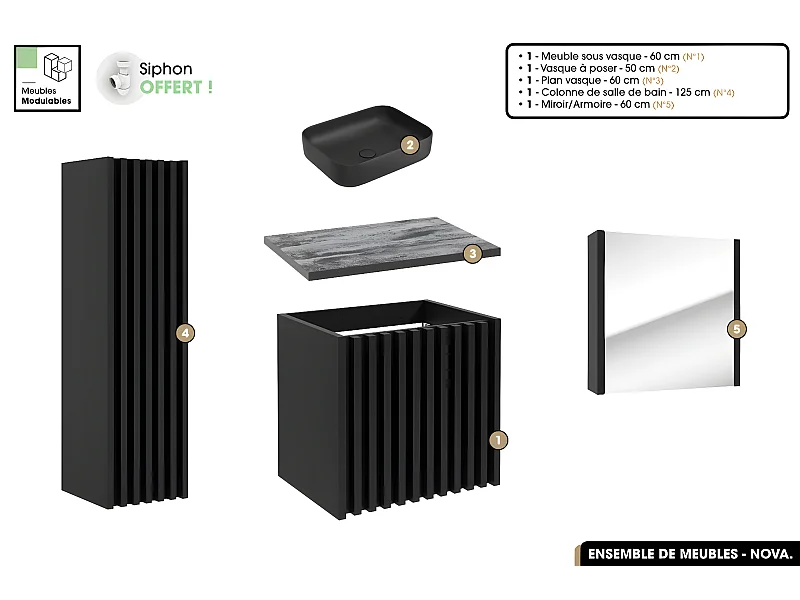 Ensemble complet de salle de bain - Meuble - Colonne - Miroir - Vasque à poser avec Siphon OFFERT | NOVA | Noir | 60 x 56 x 45 cm