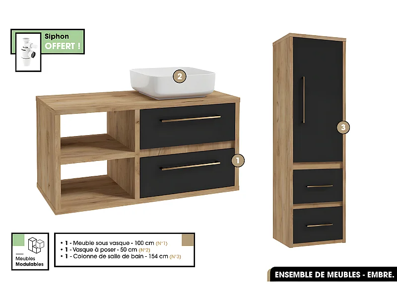 Ensemble complet - de salle de bain - Meuble - Colonne - Vasque avec Siphon OFFERT | EMBRE | Noir | 100 x 50 x 45 cm