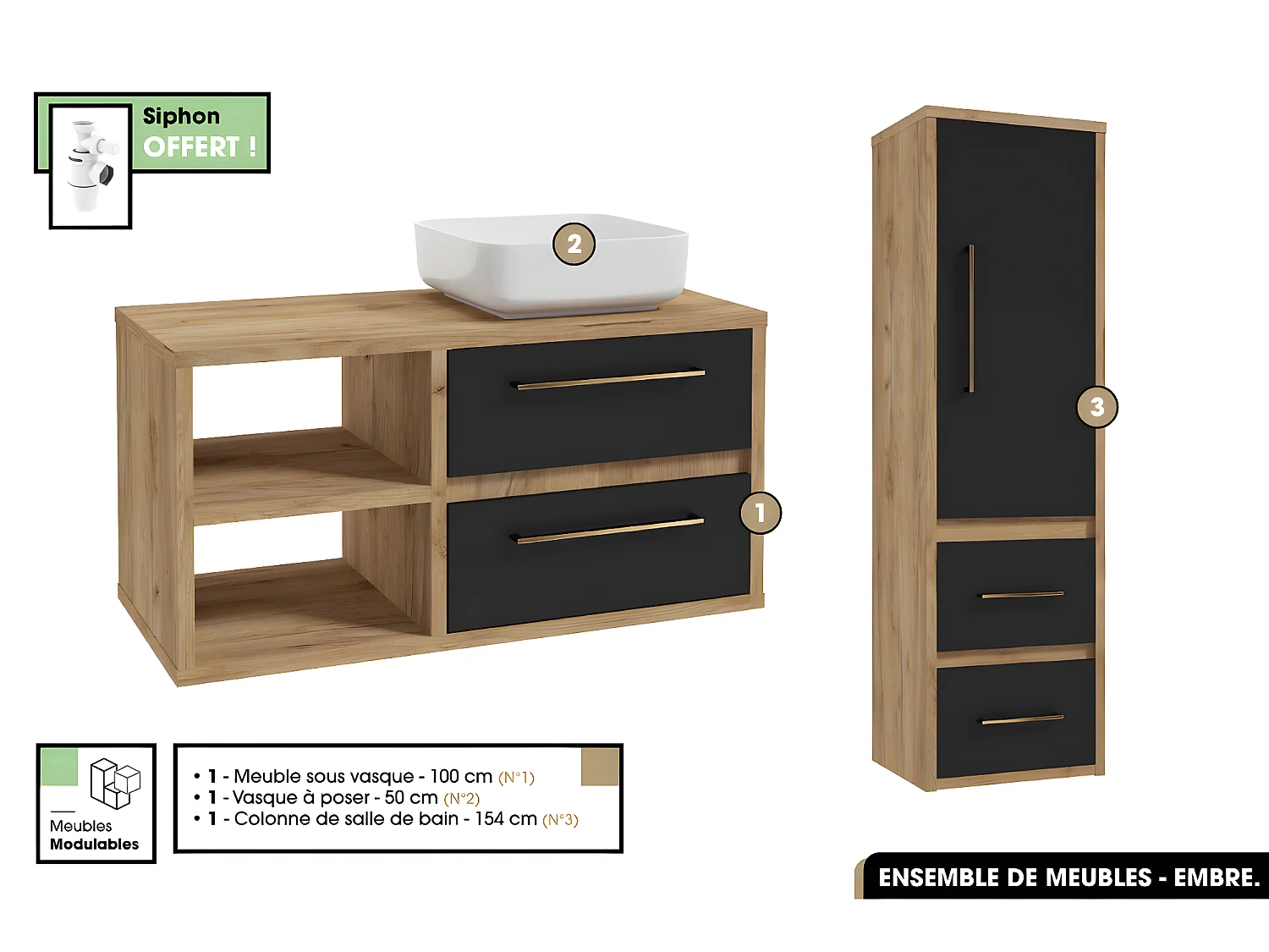 Ensemble complet - de salle de bain - Meuble - Colonne - Vasque avec Siphon OFFERT | EMBRE | Noir | 100 x 50 x 45 cm