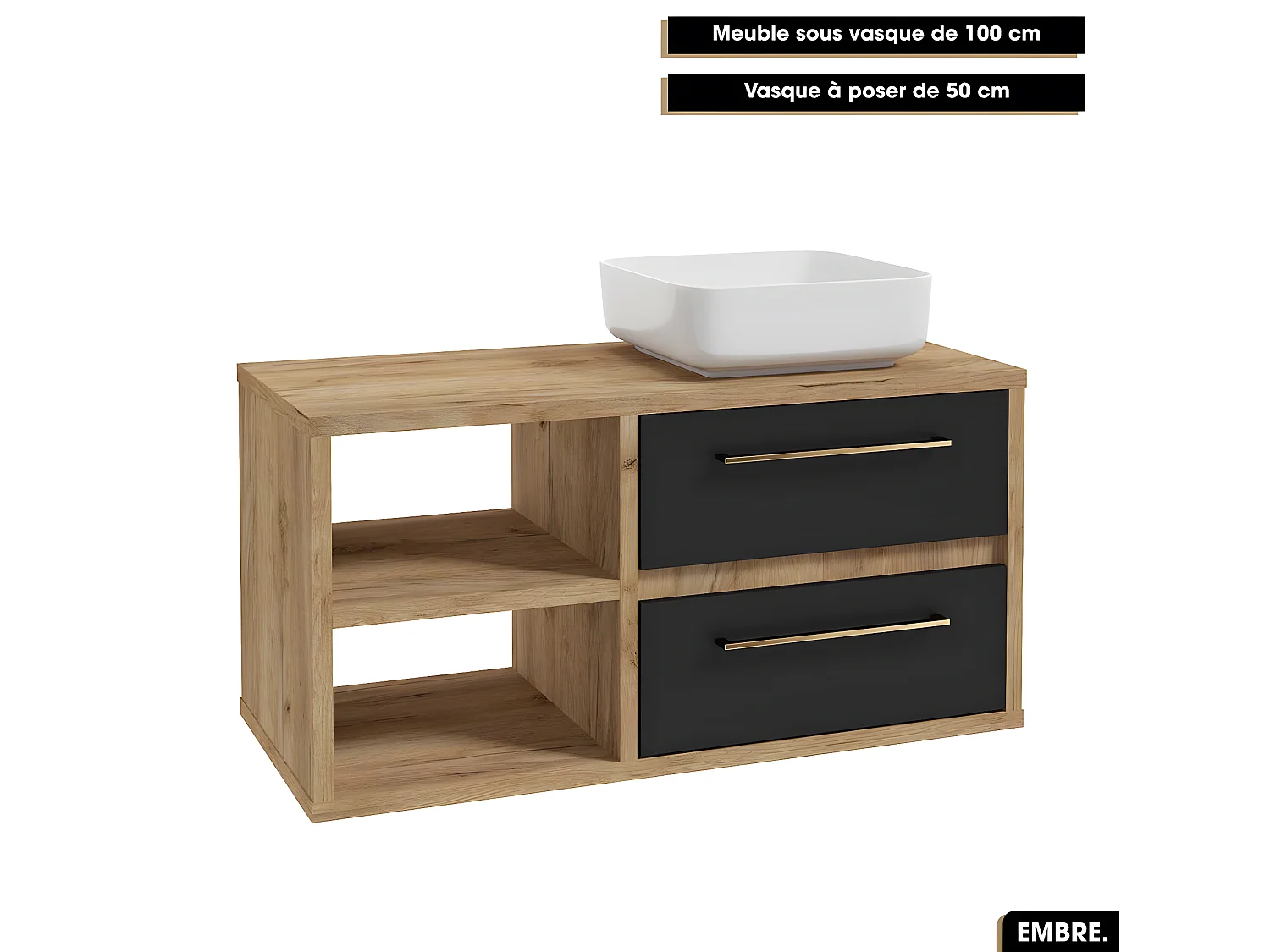 Ensemble complet - de salle de bain - Meuble - Colonne - Vasque avec Siphon OFFERT | EMBRE | Noir | 100 x 50 x 45 cm