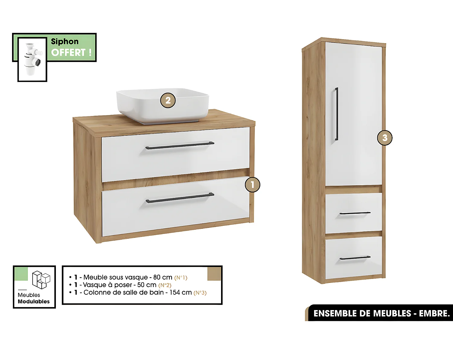 Ensemble complet - de salle de bain - Meuble - Colonne - Vasque avec Siphon OFFERT | EMBRE | Blanc | 80 x 50 x 45 cm